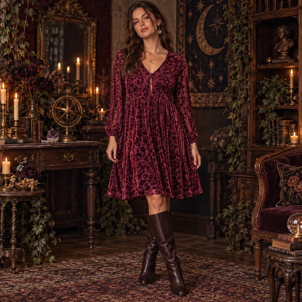 Tommy Hilfiger Burnout Velvet Dress Sz 6 Whimsigoth Burgundy Sheer Romantic Goth